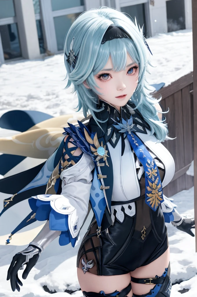 masutepiece, Best Quality, 8K resolution、Raw photo、1girl in,Eula \(GenshinImpact\),shairband,Blue hair,multicolored eyes,neck tie,cape,eyesight \(GenshinImpact\),leotard,Long sleeves,gloves,side locks,  black thighhighs, Dark iceberg in the background、snow blowing、Snowflakes dancing in the background、just