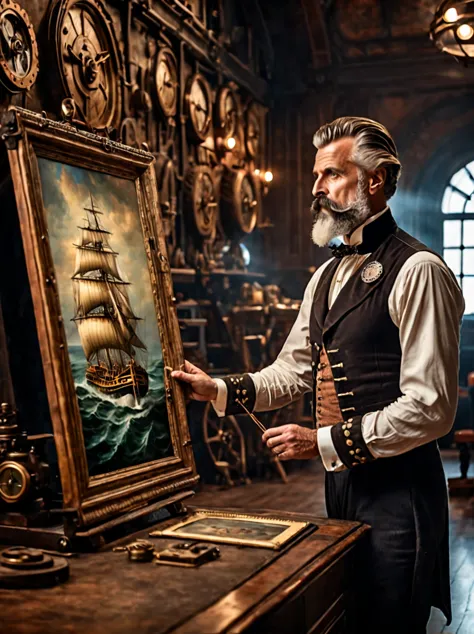 photo focus on male focus, indoors, realistic scenery, (captain nemo:1.1), drawing a painting on canvas,  steampunk nautilus-sty...