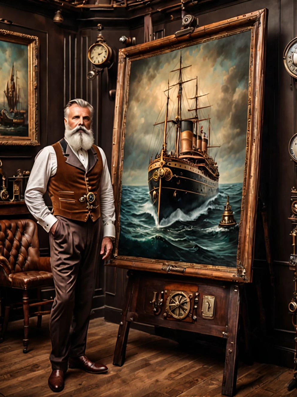 photo focus on male focus, indoors, realistic scenery, (captain nemo:1.1), drawing a painting on canvas,  steampunk nautilus-style. very wide shot, character photo portrait, film, professional, 4k