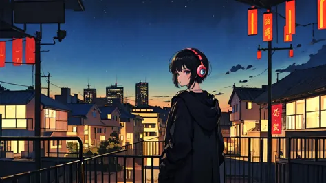 black short hair, black clothing, one adult woman looking sideways ,blue headphones、 city of night, delicate background、masterpi...