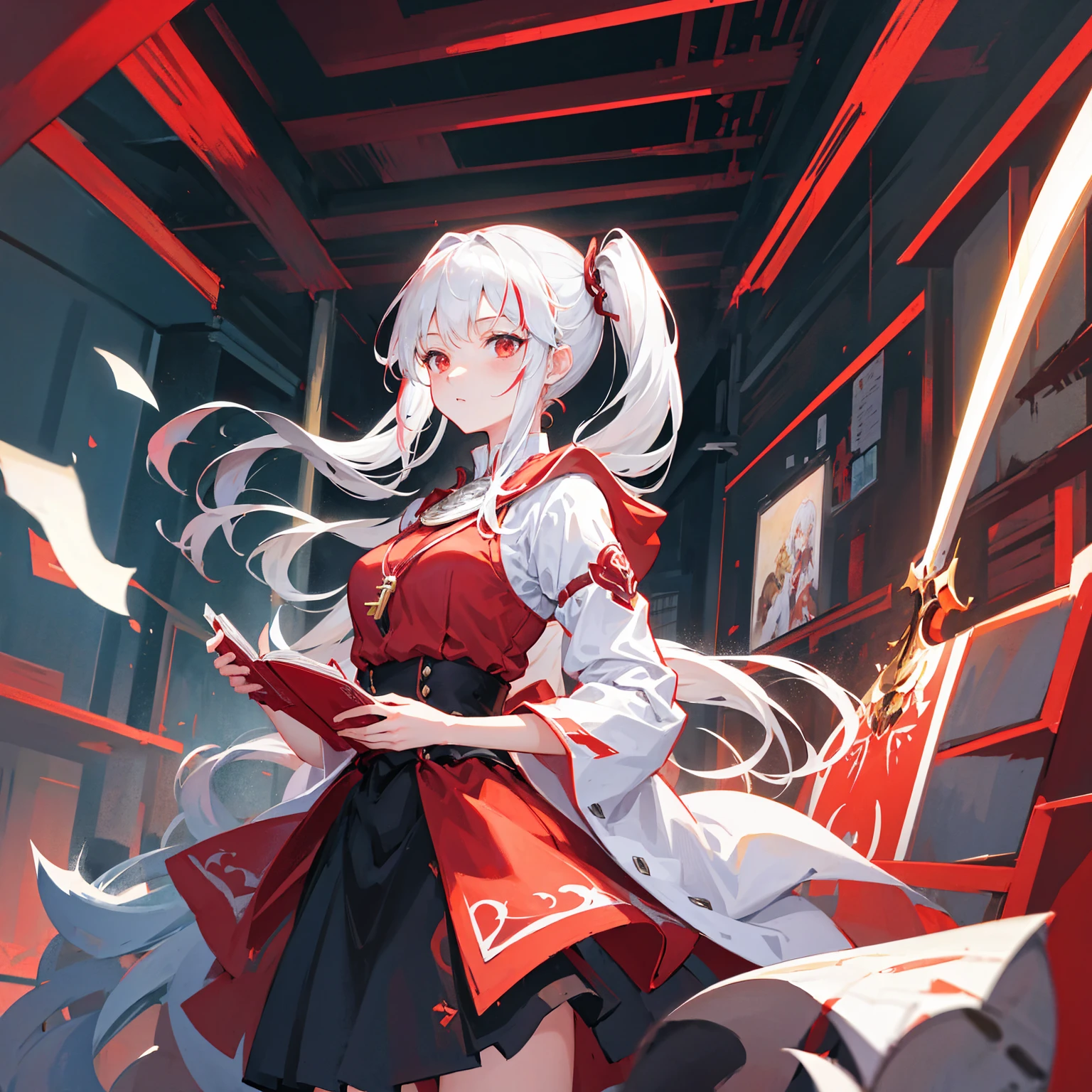 Wearing a red and white dress、anime girl holding sword, Highly detailed official artwork, Epic Light Novel Cover Art, epic Light novel cover art, Silver and red armor, guweiz on pixiv artstation, Anime style 4K, Detailed key animation art, Light novel cover art, Anime Fantasy Artwork，White hair and red eyes，Side Ponytail，Waist-length hair，1 Girl，Portraiture，Reading