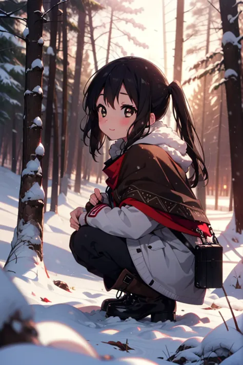 is, azusa nakano, black hair, (brown eyes:1.5), long hair, ,twin tails,smile,smile,blush,white breath,
open your mouth,snow,grou...