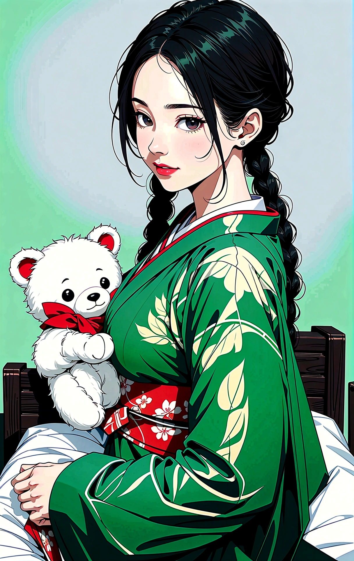 (шедевр, Лучшее качество), (Сверхвысокое разрешение, 8K-RAW-Фото, Фотореалистичный, текстильное затенение, тонкий контур), araffe зрелая женщина in a kimono, Сижу на кровати и обнимаю плюшевого мишку, (носит темно-зеленые шелковые одежды), Темно-зеленая конопля, (носить японское кимоно:1.2, традиционный японский, японская одежда), (благородная одежда юката), носить хаори, (зрелая женщина, мамаша:1.5, 28 лет, один), (Большойe Brust, обвисшая грудь, Большой , Тонкая талия, Большой ass, пышные тела), (волосы средней длины, волосы над одним глазом, асимметричные волосы, низкая завязанная коса), (умные студенты, детальные глаза, очень детальное лицо), глазная конфетка, (грустная улыбка), (Глядя вниз:1.3), (Динамический угол, Сверху), (правильная анатомия:1.5, Правая рука), (идеальное соотношение пропорций тела),