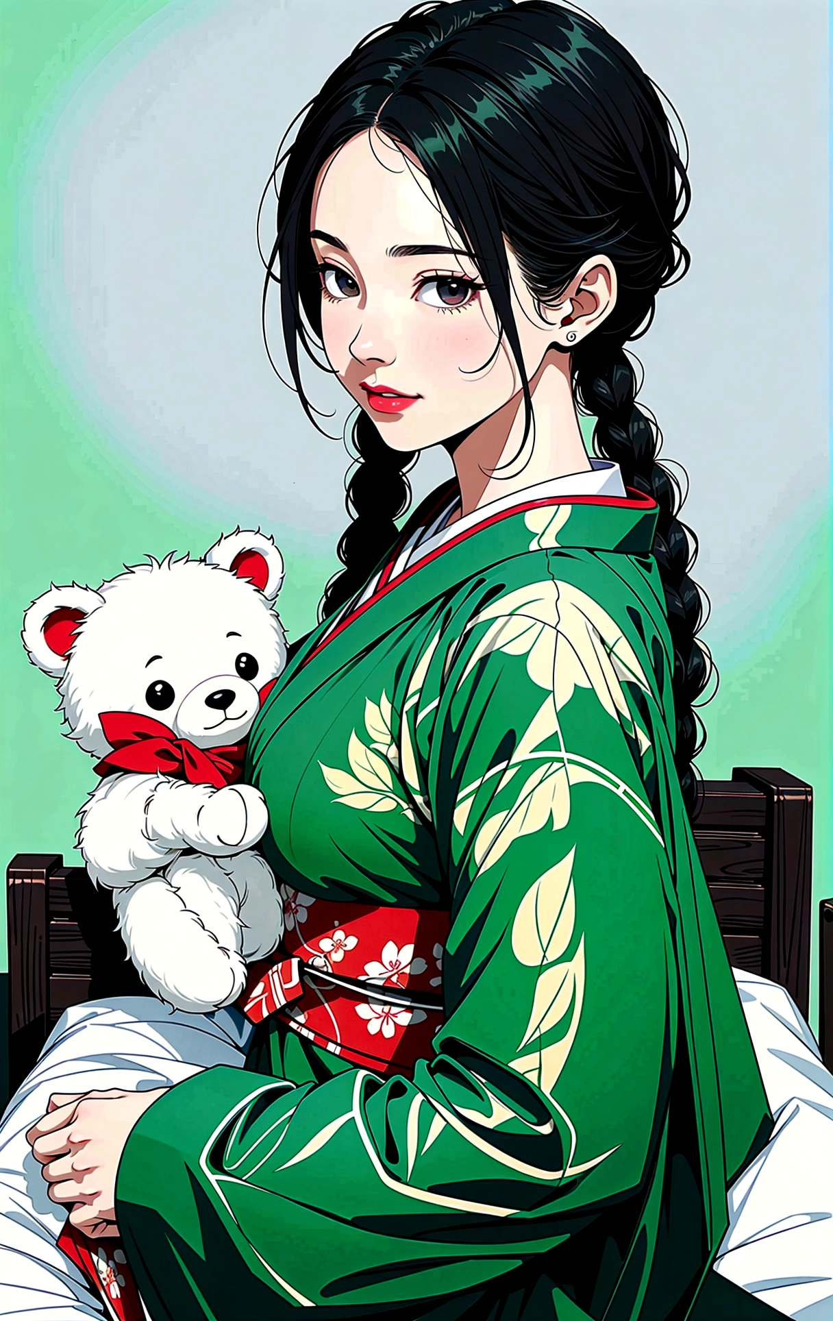 (​masterpiece, best quality), (Ultra high resolution, 8K-RAW-Foto, photorealistic, Textile shading, thin contour), araffe mature woman in a kimono, sitting on a bed and hugging a teddy bear, (wears dark green silk robes), Dark green hemp, (wear a Japanese kimono:1.2, traditional Japanese, japanese clothes), (noble yukata clothing), wear a haori, (mature woman, milf:1.5, 2, alone), (largee Brust, sagging breast, large , Slender waist, large ass, curvy bodies), (medium length hair, Hair over one eye, asymmetric hair, low tied braid), (Smart students, detailled eyes, highly detail face), Eye candy, (sad smile), (looking down:1.3), (dynamic angle, from above), (correct anatomy:1.5, Right Hands), (ideal ratio of body proportions),