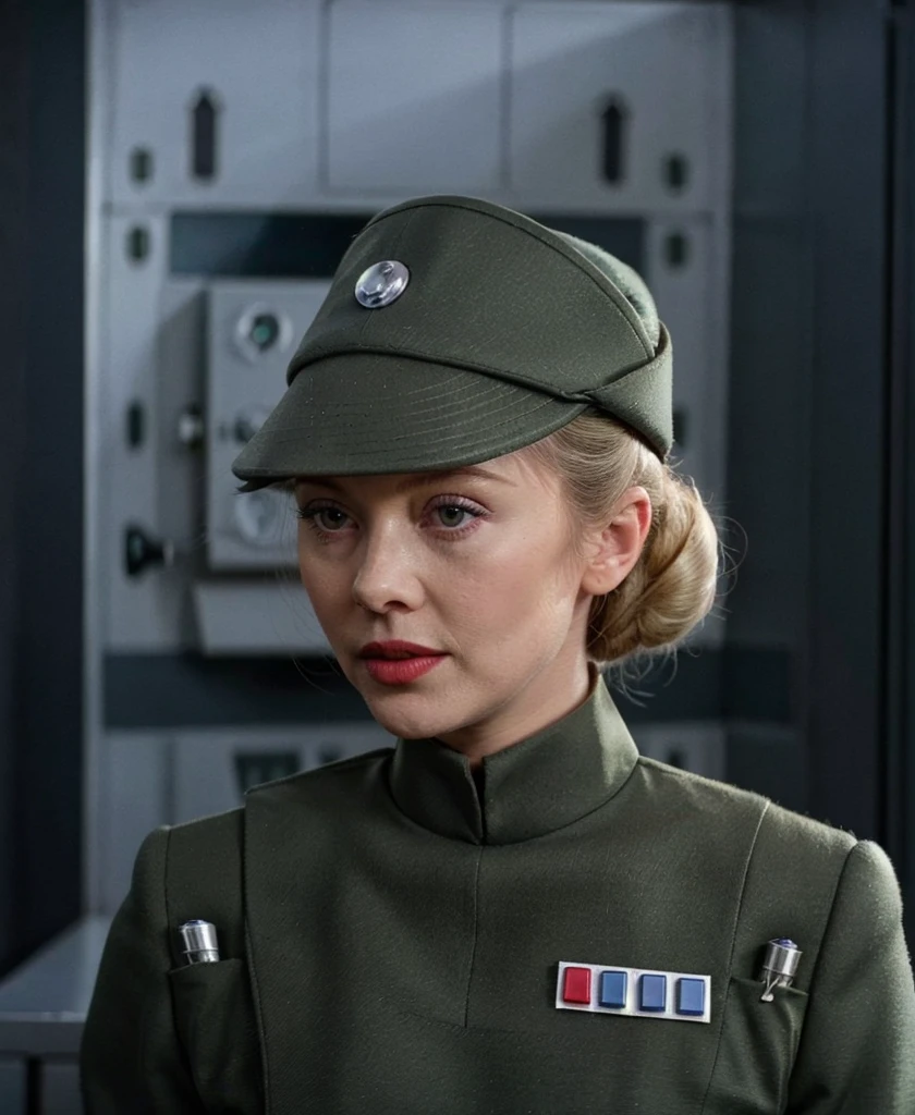 fashion photography of Glynis Johns in olive gray imperialofficer uniform and hat with brim, hair in small tight bun, smooth pale white skin, haughty proud snob, pouty lips, buck teeth, sci-fi Death Star control room, sharp focus, dlsr, ultra sharp, professional Photographer, film grain, very detailed skin texture, photorealistic