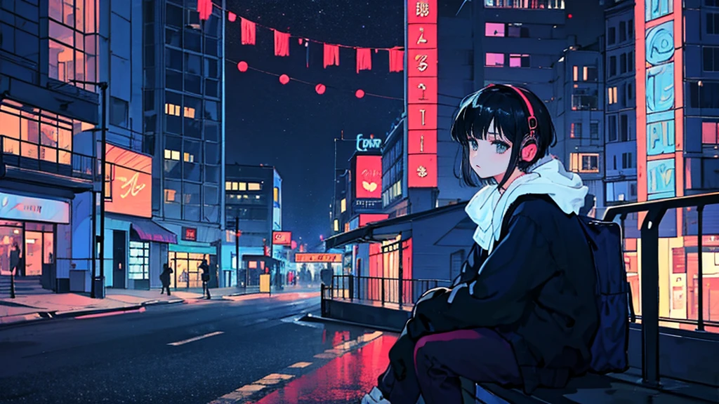 Black short Hair, Black Clothing, One Adult Woman Looking Sideways ,Blue headphones、 City of night, Delicate background、Masterpiece、Night Town、night、dark、Nostalgic、Street Corner、sit