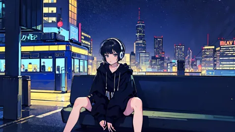 black short hair, black clothing, one adult woman looking sideways ,blue headphones、 city of night, delicate background、masterpi...