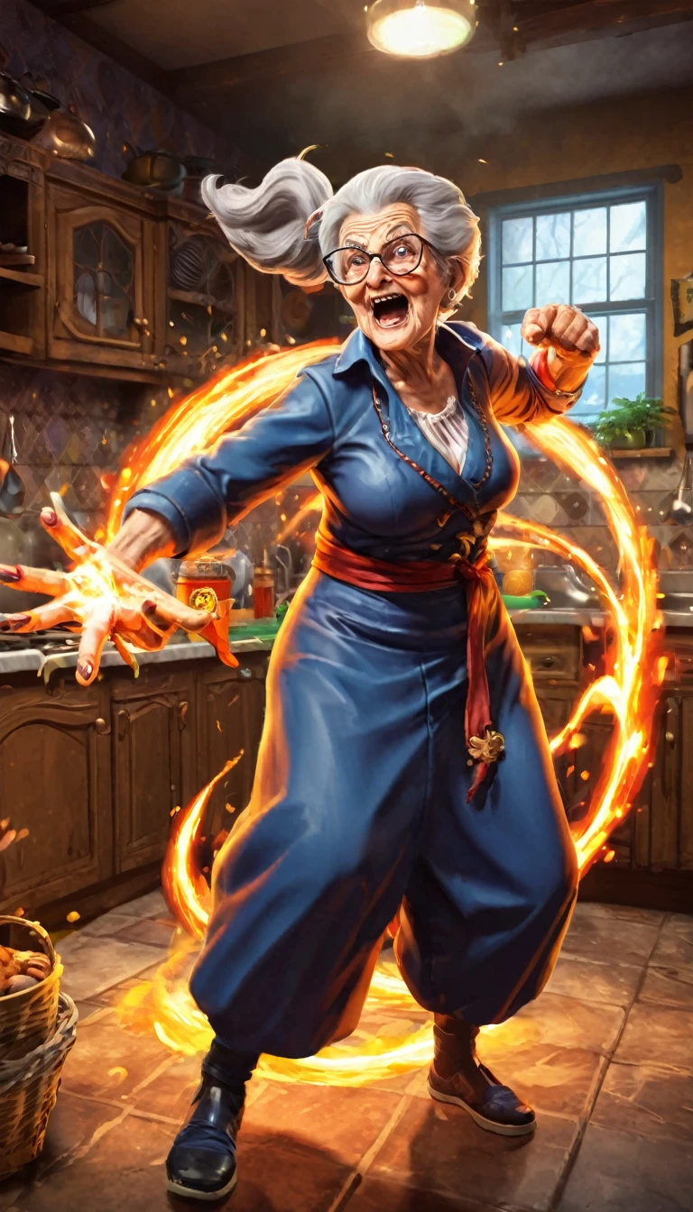 Fighting game style granny, Talk to your audience, Spitfire, Spellcasting . Dynamic, Energetic, Dynamic, Detailed character design, Reminiscent of fighting games，The background is the kitchen