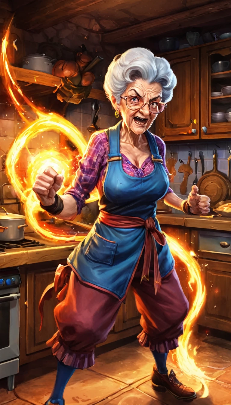 Fighting game style granny, Talk to your audience, Spitfire, Spellcasting . Dynamic, Energetic, Dynamic, Detailed character design, Reminiscent of fighting games，The background is the kitchen