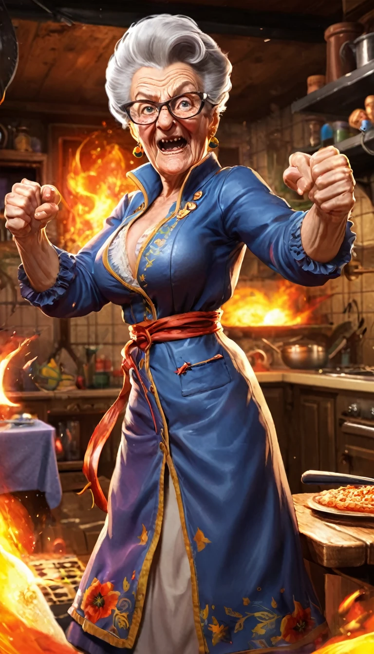 Fighting game style granny, Talk to your audience, Spitfire, Spellcasting . Dynamic, Energetic, Dynamic, Detailed character design, Reminiscent of fighting games，The background is the kitchen