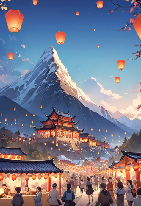 sea，mountain peak，(((festival，kongming lantern wishing lantern)))，beautiful and dreamy pictures