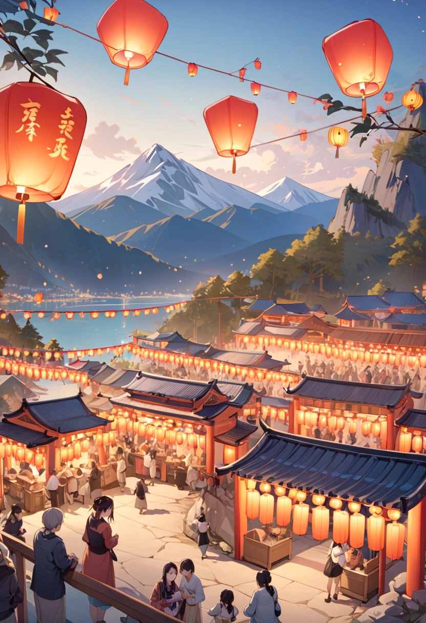 Sea，mountain peak，(((festival，Kongming Lantern Wishing Lantern)))，Beautiful and dreamy pictures