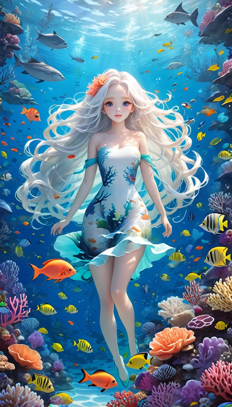 Marine Lifeの概念芸術、Undersea scenery、Marine Life、Beautiful coral reefs come in many forms、3d、fish、Women Animated Fantasy Illustration。Long white hair scattered in the sea、drifting、Very harmonious。The whole picture is、It features a messy and imaginative painting style.。The colors are bright and saturated.、Drawn with smooth lines。The mystery and beauty of the sea、The painting depicts an underwater world full of life and vitality.、Animation Art Wallpaper 8K