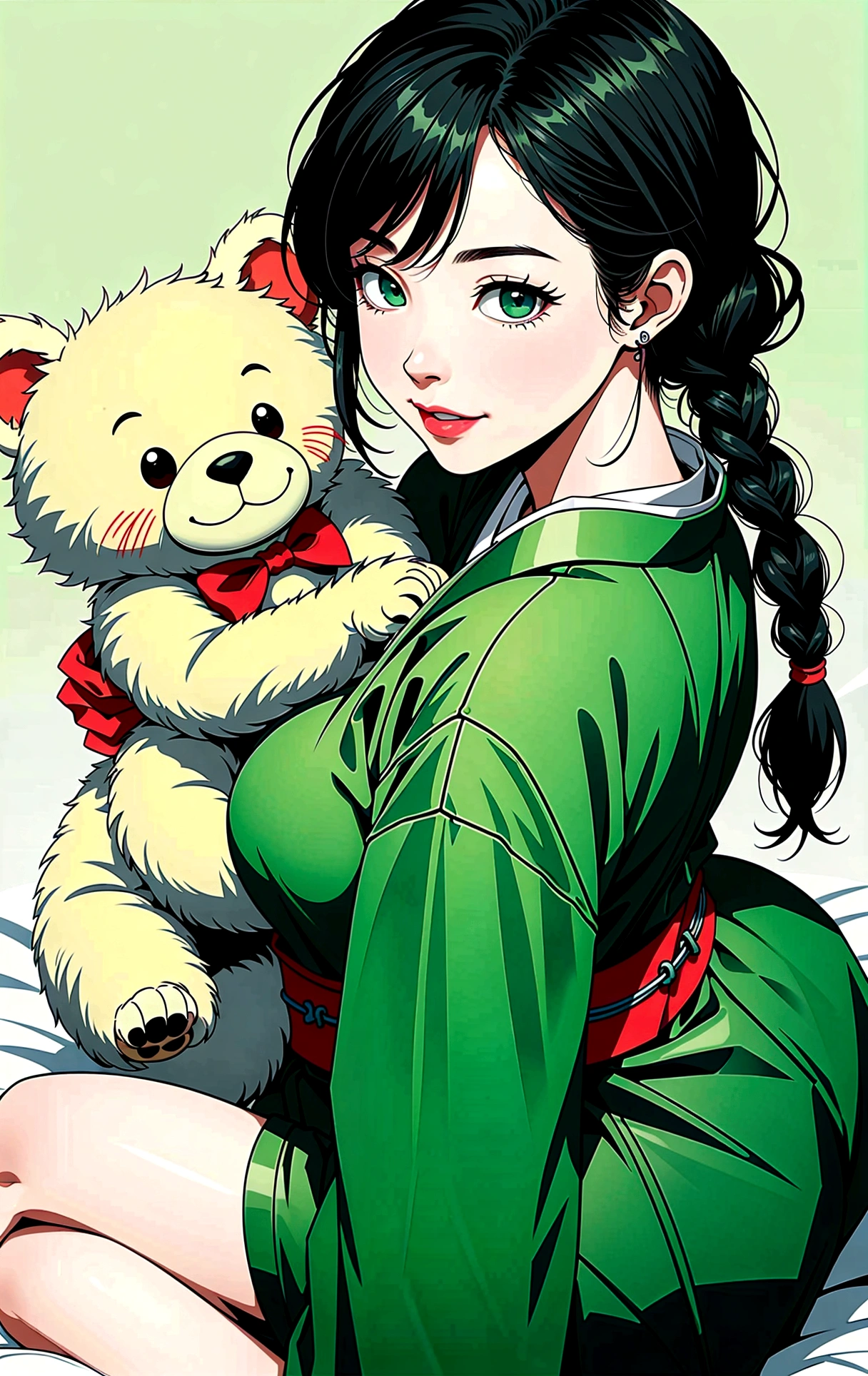 (杰作, 最好的质量), (超高分辨率, 8K-RAW 照片, 真实感, 纺织遮光, 薄轮廓), araffe 成熟的女人 in a kimono, 坐在床上抱着一只泰迪熊, (穿着深绿色丝绸长袍), 深绿色麻, (穿日本和服:1.2, 传统日语, 日本衣服), (贵族浴衣), 穿羽织, (成熟的女人, 熟女:1.5, 28岁, 独自的), (大的e Brust, 乳房下垂, 大的 , 纤腰, 大的 ass, 曲线身材), (中等长度的头发, 头发遮住一只眼睛, 不对称头发, 低扎辫子), (聪明的学生, 细致的眼睛, 非常详细的脸), 秀色可餐, (悲伤的微笑), (向下看:1.3), (动态角度, 从上面), (正确的解剖学:1.5, 右手), (理想的身材比例),