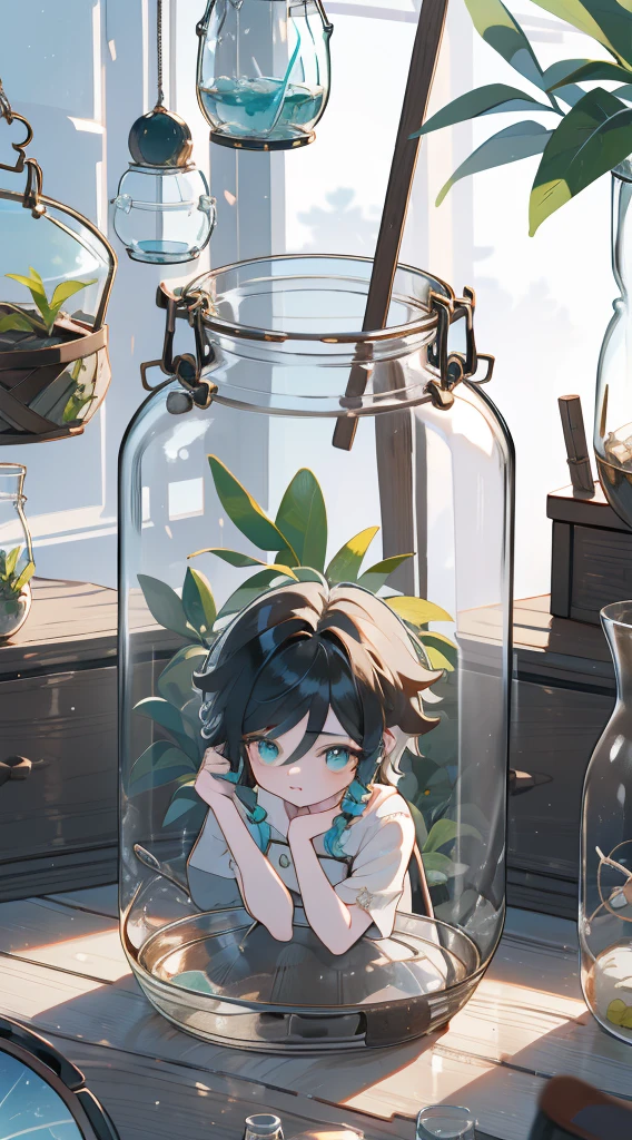 （（（（（（inside jar））））））、A boy with, ((full bodyesbian)), Wendi (genshin impact),brunette color hair, Green eyes, ((((Packed in jars))))、adolable、最small, small, A piece of,(((Packed in jars))), (Eau, Eau泡)