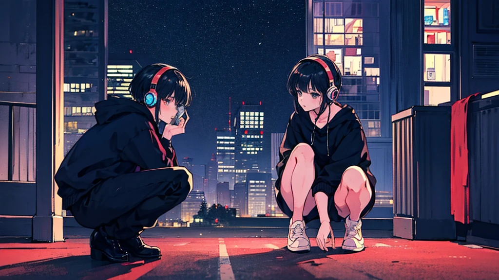 Black short Hair, Black Clothing, One Adult Woman Looking Sideways ,Blue headphones、 City of night, Delicate background、Masterpiece、Night Town、night、dark、Nostalgic、Squatting on a street corner