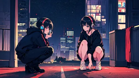 black short hair, black clothing, one adult woman looking sideways ,blue headphones、 city of night, delicate background、masterpi...