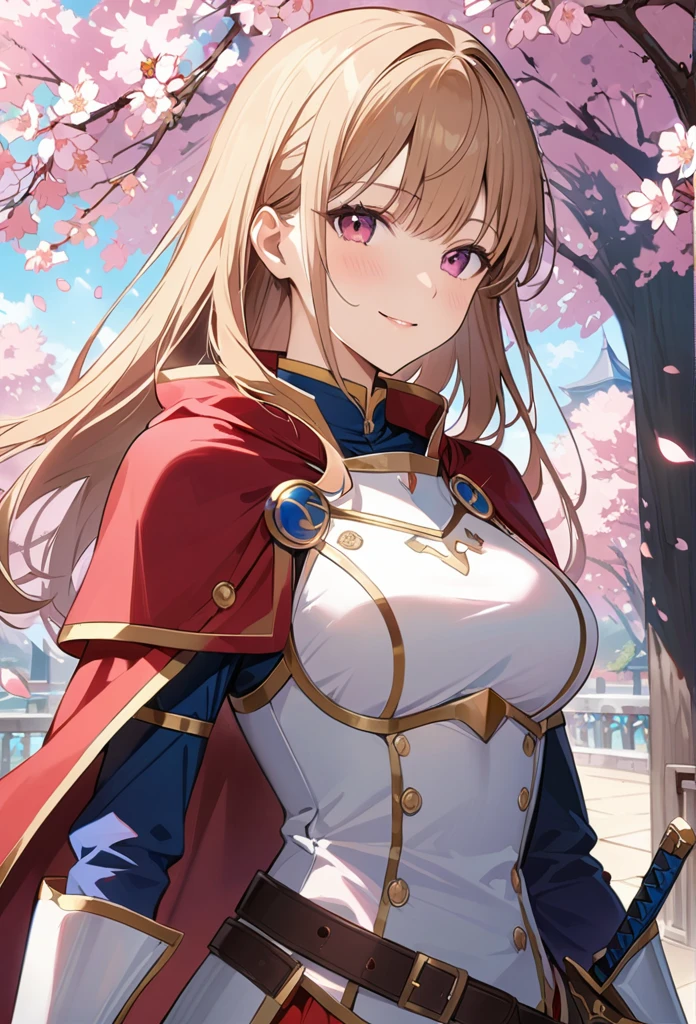 alone, 1 Girl, Marin, salary, keep, arms, Focus on women, sword, Cape, armor, Lambent Light, Handguard, sheath,  armor, full armor, A soft smile，Cherry blossoms blooming all over the place，Falling cherry blossom petals background　(((masterpiece)))， ((Highest quality))， ((Intricate details))　(8K)