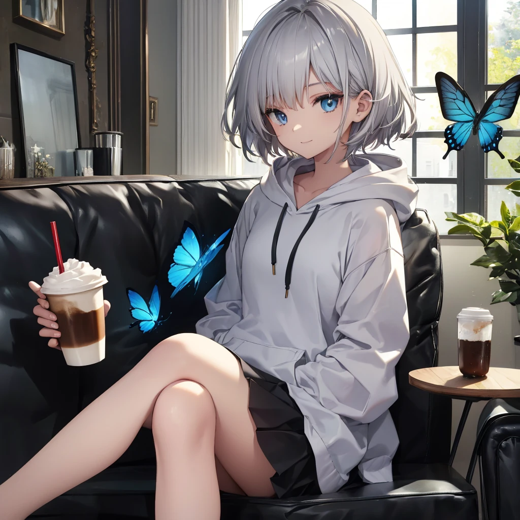 (((1 person　Gray Hair　Sit on the sofa　Crossing your legs　blue eyes)))　((High resolution　short hair　hoodie　Black Skirt　Rin々Funny face))　((Close-up))　((Blue butterfly　Asahi　Shining Aura　Catch the wind　Holding a cup　Drink coffee))　(smile　Bathed in light)　Shining Background　Shining Edge