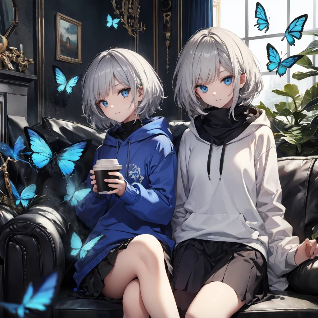 (((1 person　Gray Hair　Sit on the sofa　Crossing your legs　blue eyes)))　((High resolution　short hair　hoodie　Black Skirt　Rin々Funny face))　((Close-up))　((Blue butterfly　Asahi　Shining Aura　Catch the wind　Holding a cup　Drink coffee))　(smile　Bathed in light)　Shining Background　Shining Edge