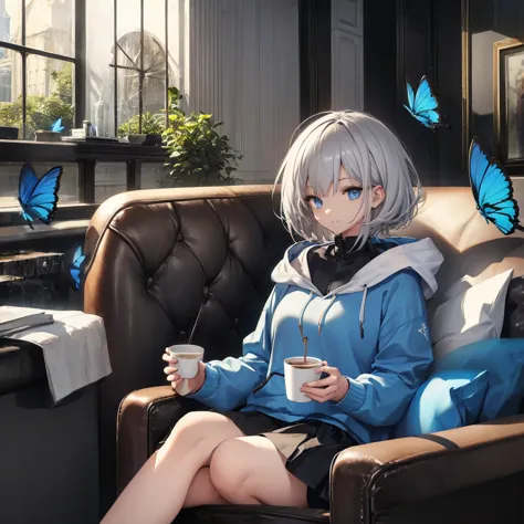 (((1 person　gray hair　sit on the sofa　crossing your legs　blue eyes)))　((high resolution　short hair　hoodie　black skirt　rin々funny ...