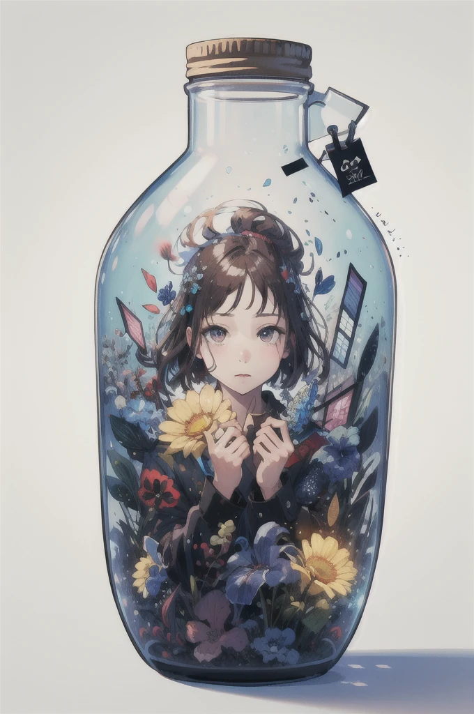 (masterpiece, best quality, high quality, highres, ultra-detailed),  phgls, in container, bottle,1girl,simple background,