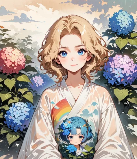 Cool face、Blonde Short、When it rains, A rainbow appears。Hydrangea(masterpiece, Highest quality:1.2), Cartoon style character des...