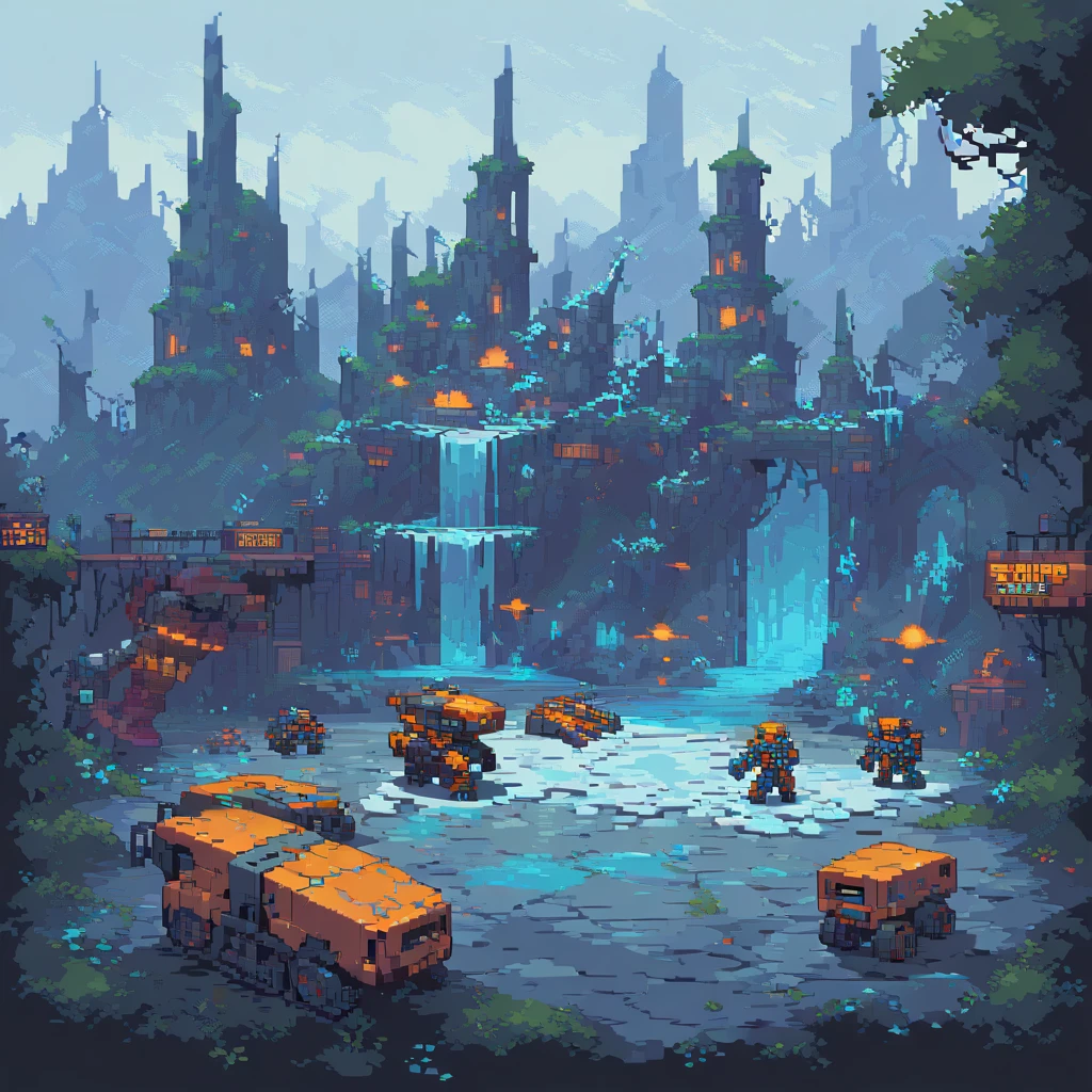 Maschinen, Roboter und Stahl, pixel art, Seitenscroller, pixel art, futuristisch, cyberpunk frozen setting