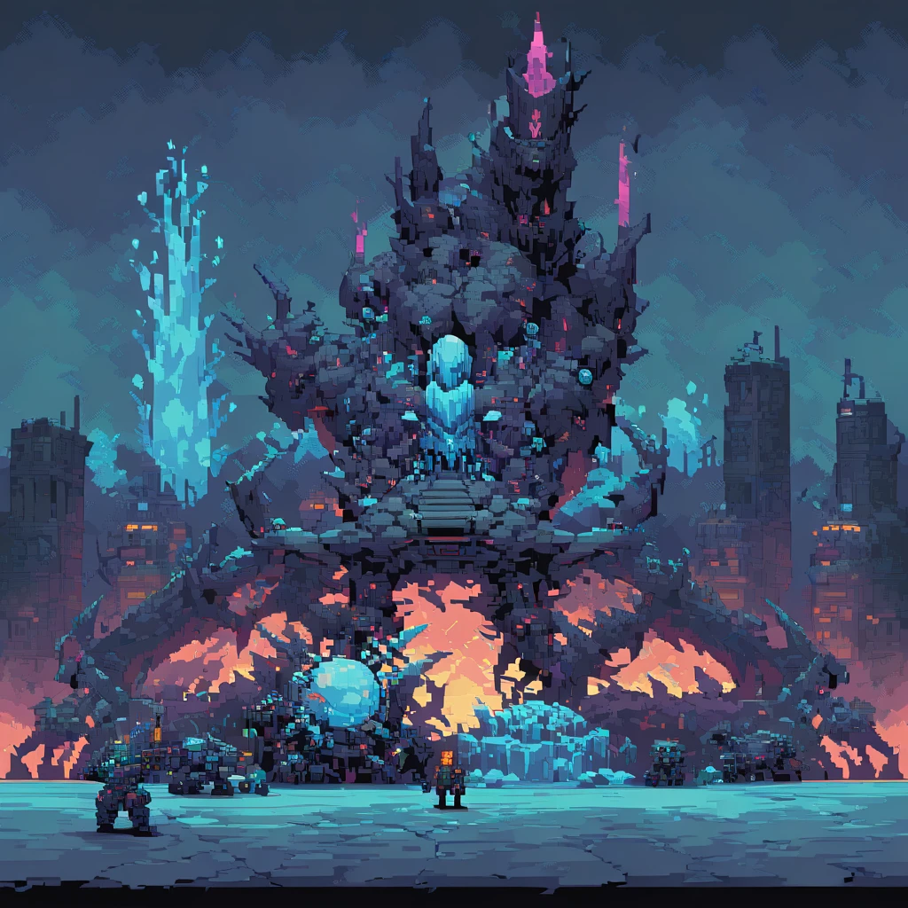 Maschinen, Roboter und Stahl, pixel art, Seitenscroller, pixel art, futuristisch, cyberpunk frozen setting