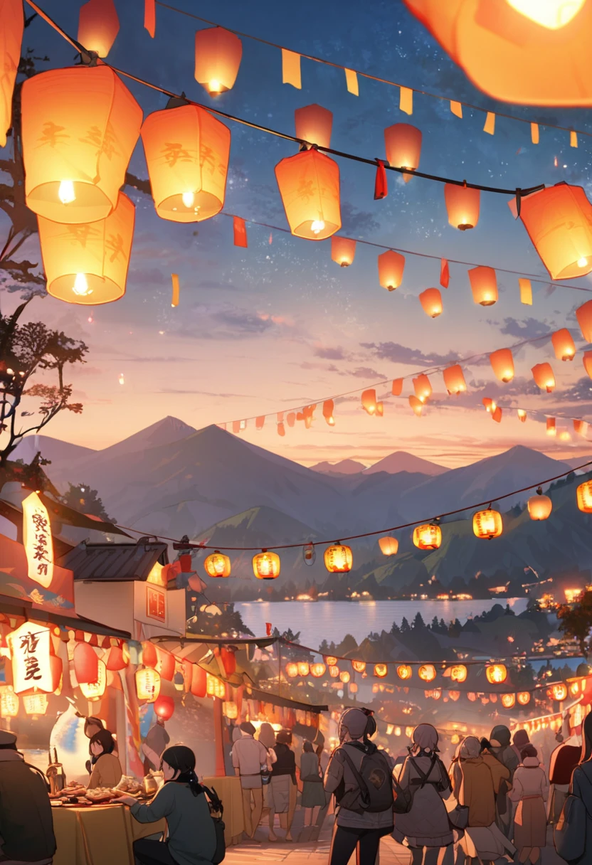 Sea，mountain peak，(((festival，Kongming Lantern Wishing Lantern)))，Beautiful and dreamy pictures