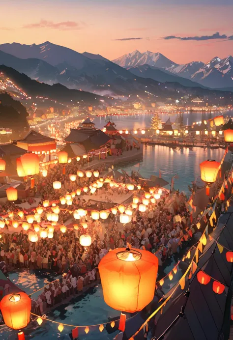 sea，mountain peak，(((festival，kongming lantern wishing lantern)))，beautiful and dreamy pictures