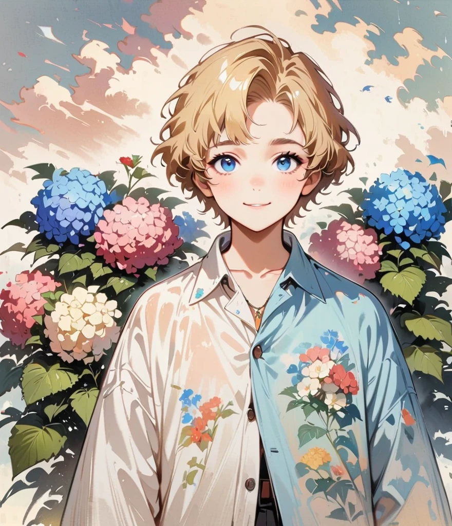 cool face boy、Strong Face、Blonde Short、When it rains, A rainbow appears。Hydrangea(masterpiece, Highest quality:1.2), Cartoon style character design， alone，Eyes with raised corners of the eyes，Floral Shirt，interesting，interesting