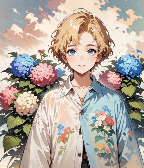 cool face boy、Strong Face、Blonde Short、When it rains, A rainbow appears。Hydrangea(masterpiece, Highest quality:1.2), Cartoon sty...