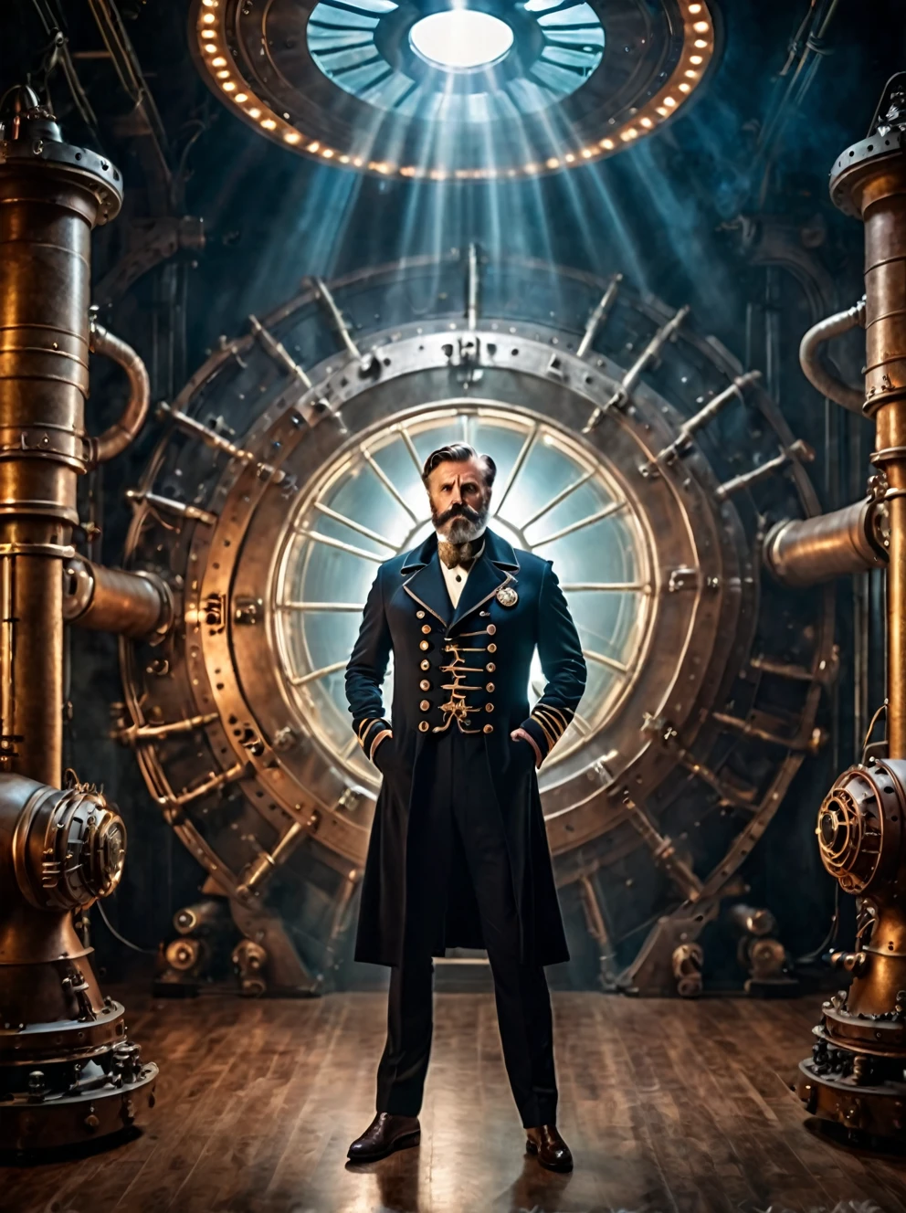 photo focus on male focus, indoors, realistic scenery, (captain nemo:1.1), retro-futuristic,  testing a laser , ray, beam,  steampunk nautilus-style. very wide shot, character photo portrait, film, professional, 4k