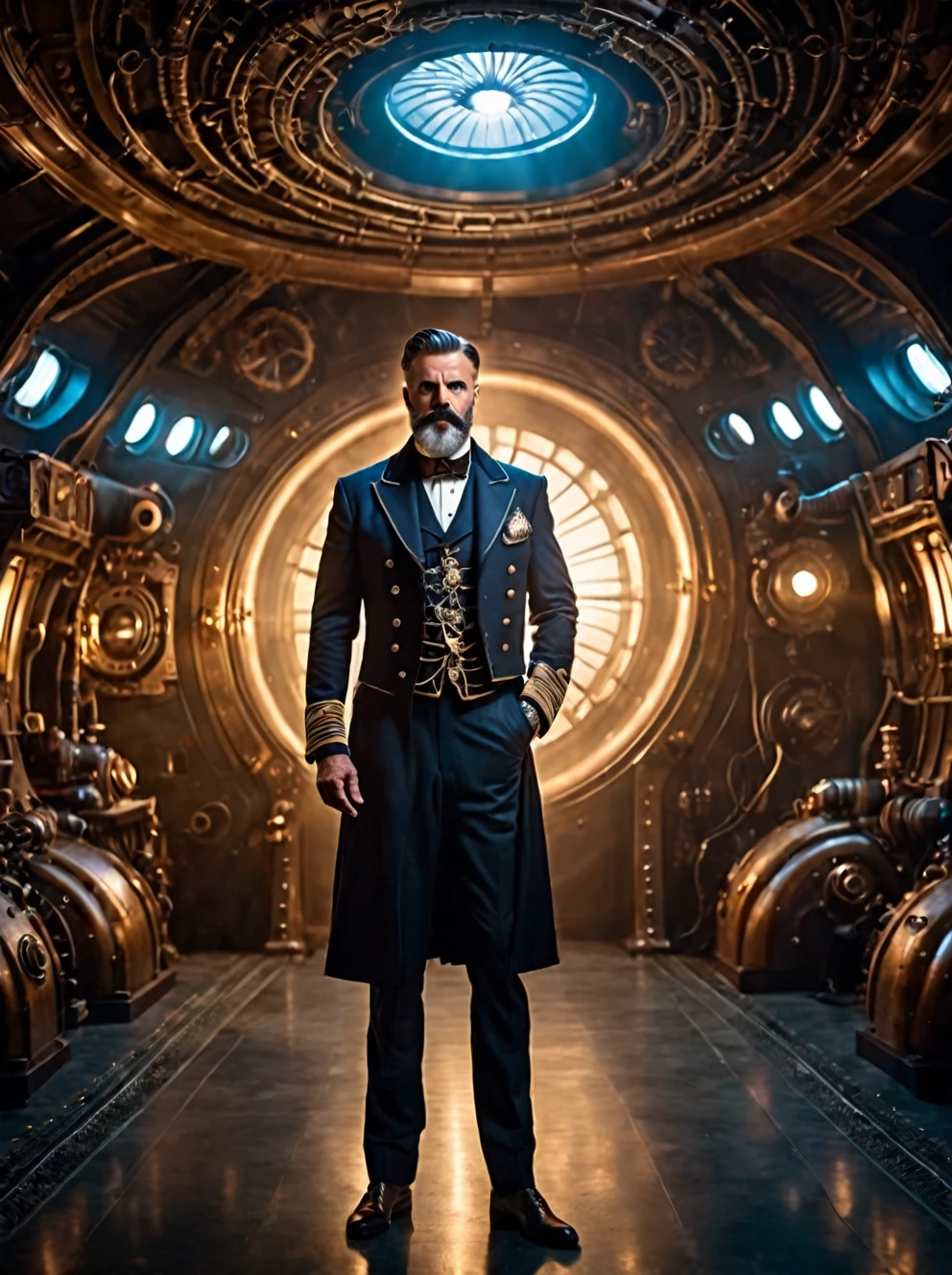 photo focus on male focus, indoors, realistic scenery, (captain nemo:1.1), retro-futuristic,  testing a laser , ray, beam,  steampunk nautilus-style. very wide shot, character photo portrait, film, professional, 4k