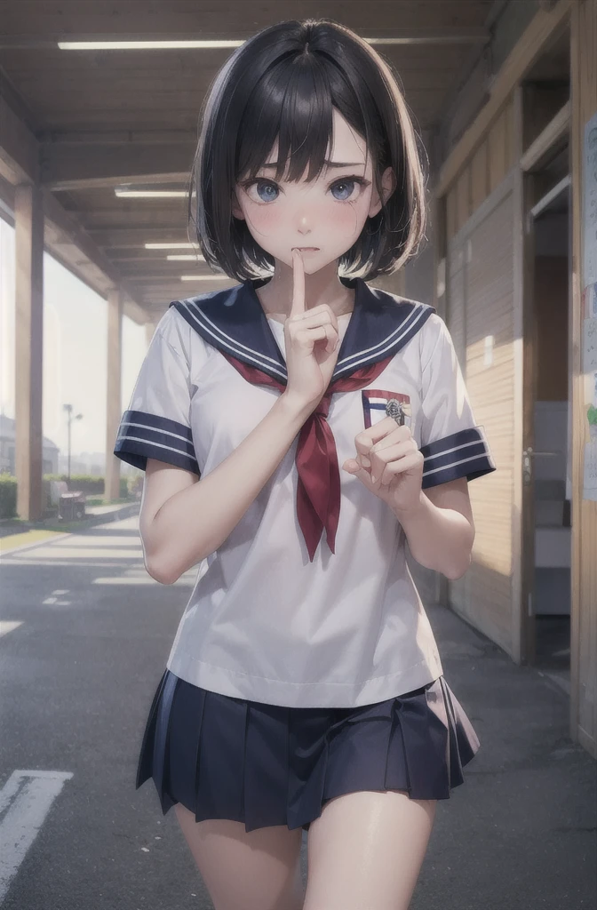 Highest quality , High resolution , Detailed CG , short hair , Sailor suit , Navy Blue Skirt , Modest chest , Black Hair , thumb、index finger、Middle finger、ring finger、小指のOptimal ratio , Two limbs , Optimal ratio , Embarrassed expression , Burning cheeks , School , Schoolyard , touching one&#39;s own breasts with one&#39;s own hands , Facial expression when orgasm is reached , rain , Panty shot