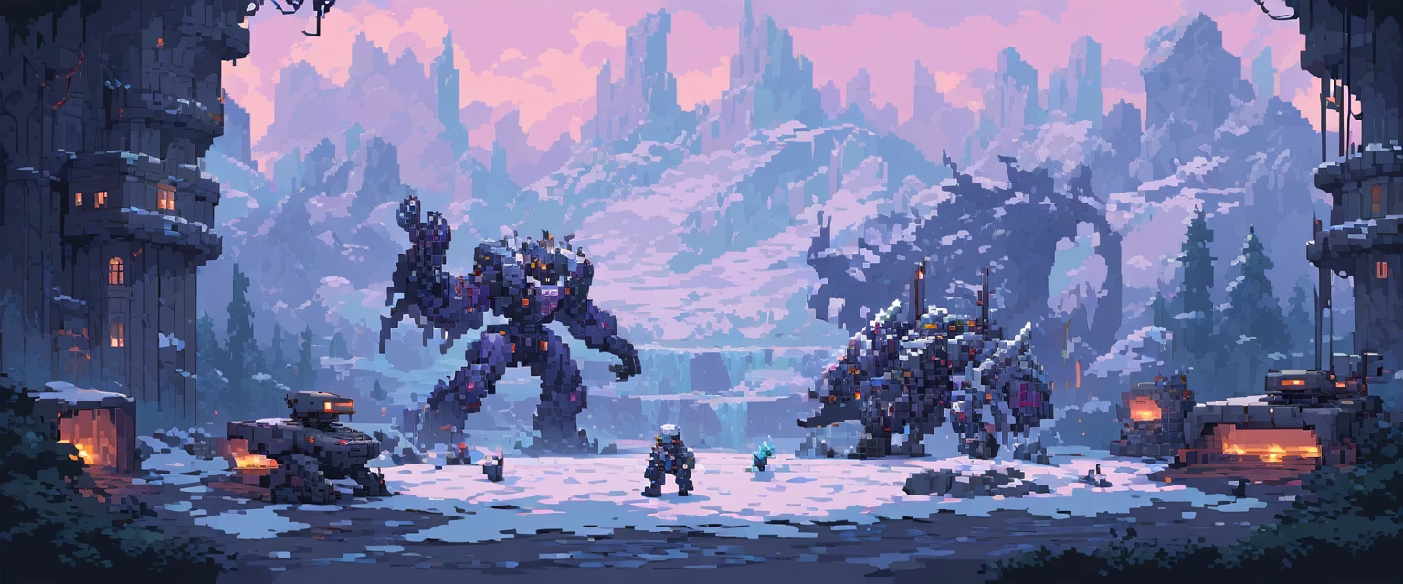 Hintergrund, Ultra-Qualität, Maschinen, Roboter und Stahl, arte de pixel, Seitenscroller, pixel art, futuristisch, cyberpunk frozen setting