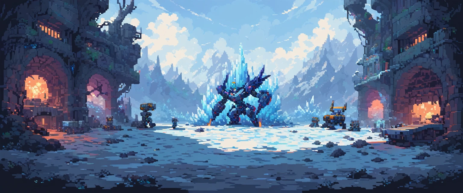 wallpaper, ultra quality, machines, robots and steel, arte de pixel, sidescroller, pixel art, futuristic, cyberpunk frozen setting