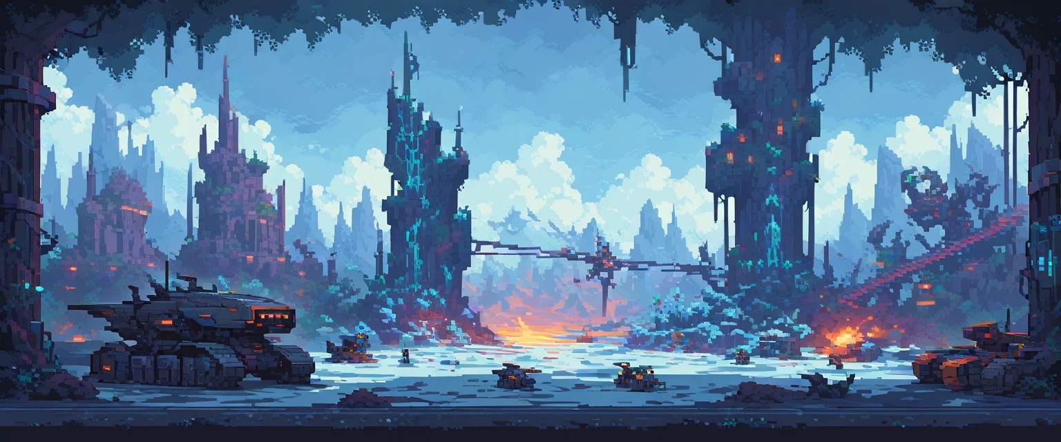 Hintergrund, Ultra-Qualität, Maschinen, Roboter und Stahl, arte de pixel, Seitenscroller, pixel art, futuristisch, cyberpunk frozen setting