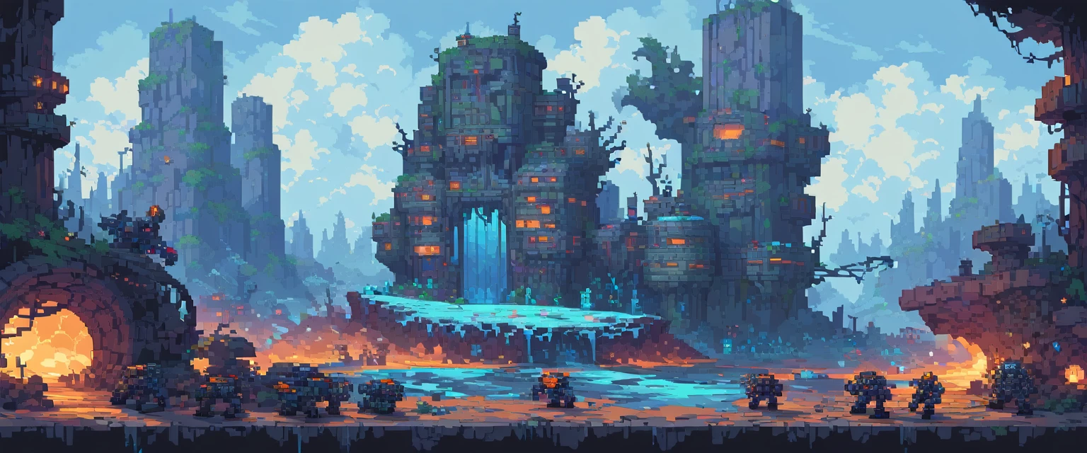 Hintergrund, Ultra-Qualität, Maschinen, Roboter und Stahl, arte de pixel, Seitenscroller, pixel art, futuristisch, cyberpunk frozen setting