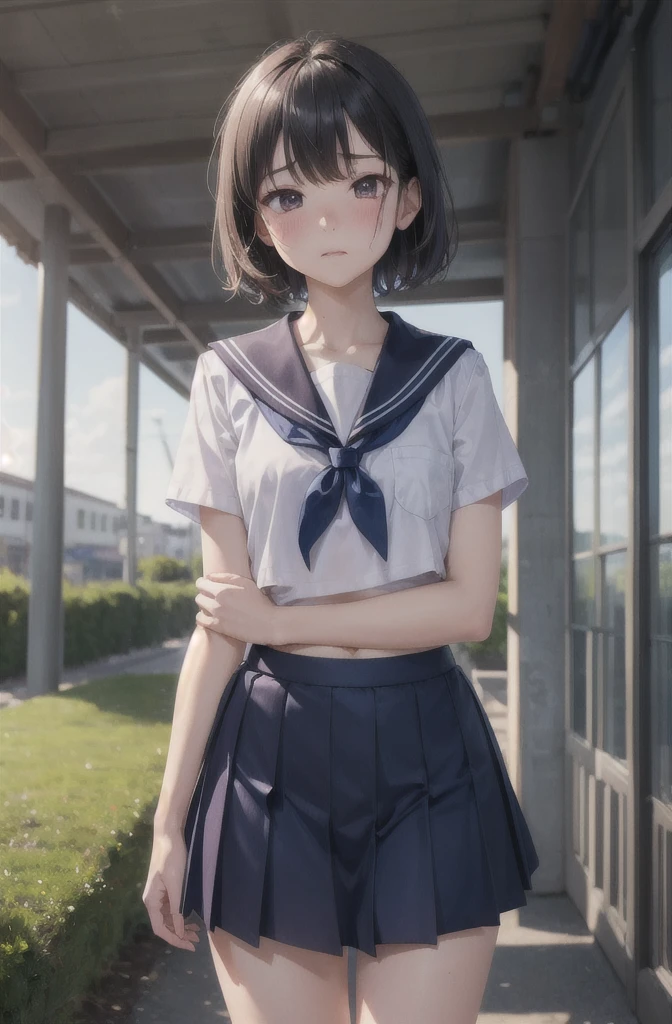 Highest quality , High resolution , Detailed CG , short hair , Sailor suit , Navy Blue Skirt , Modest chest , Black Hair , Two limbs , Optimal ratio , Embarrassed expression , Burning cheeks , School , Schoolyard , touching one&#39;s own breasts with one&#39;s own hands , Facial expression when orgasm is reached , rain , Panty shot