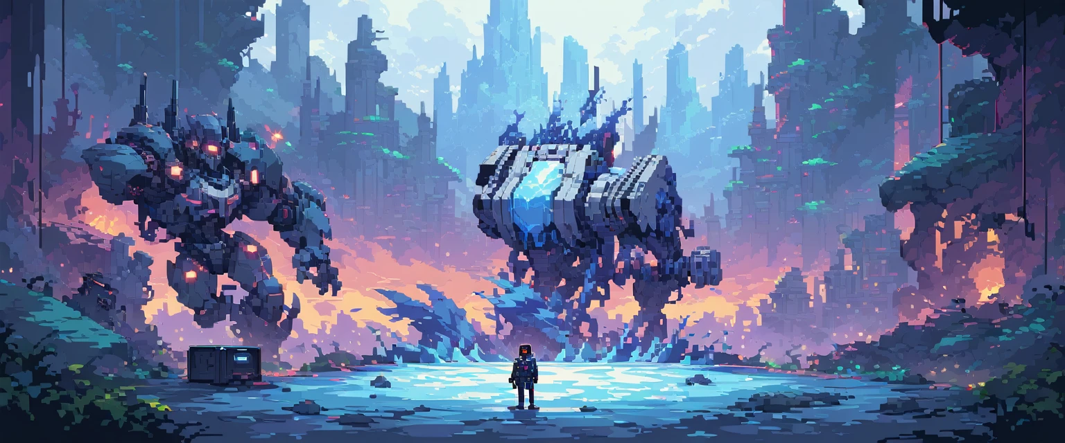 fondo de pantalla, ultra calidad, máquinas, robots y acero, arte de pixel, Desplazamiento lateral, arte de pixel, futuristic, escenario congelado cyberpunk