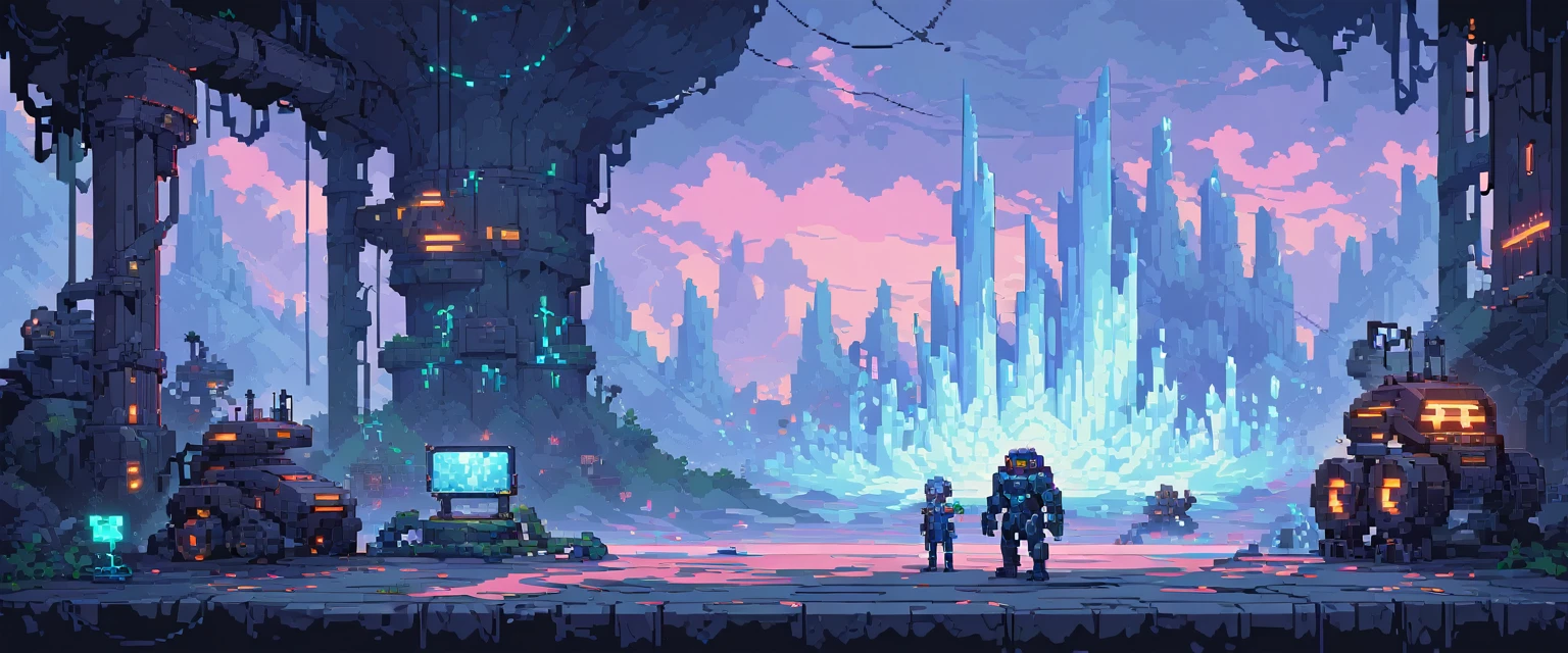 fondo de pantalla, ultra calidad, máquinas, robots y acero, arte de pixel, Desplazamiento lateral, arte de pixel, futuristic, escenario congelado cyberpunk