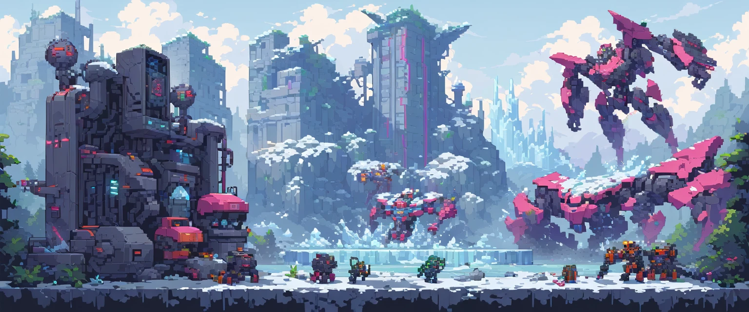 Hintergrund, Ultra-Qualität, Maschinen, Roboter und Stahl, arte de pixel, Seitenscroller, pixel art, futuristisch, cyberpunk frozen setting