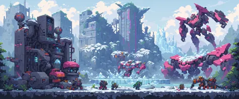 wallpaper, ultra quality, machines, robots and steel, arte de pixel, sidescroller, pixel art, futuristic, cyberpunk frozen setti...