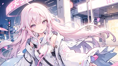 Pinkish white hair, wavy hair, girl, neon street, raincoat, front, mouth wide open, angry