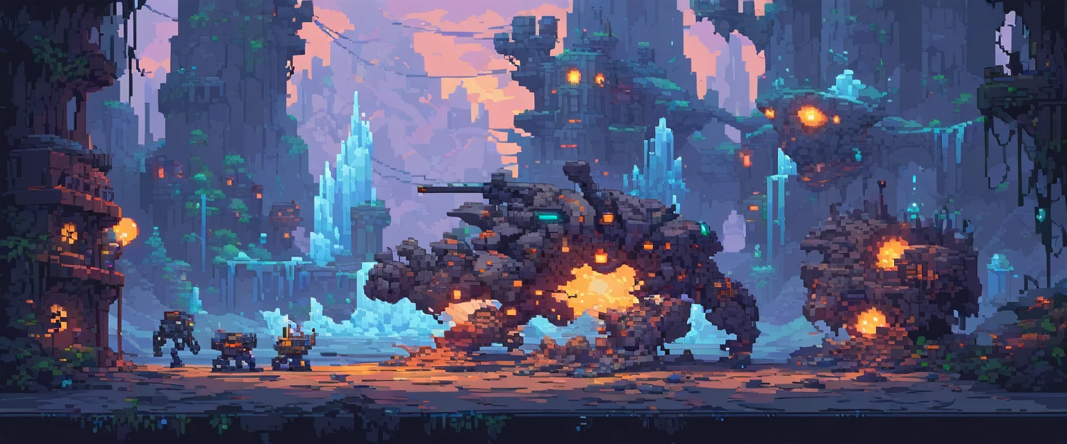 Hintergrund, Ultra-Qualität, Maschinen, Roboter und Stahl, arte de pixel, Seitenscroller, pixel art, futuristisch, cyberpunk frozen setting