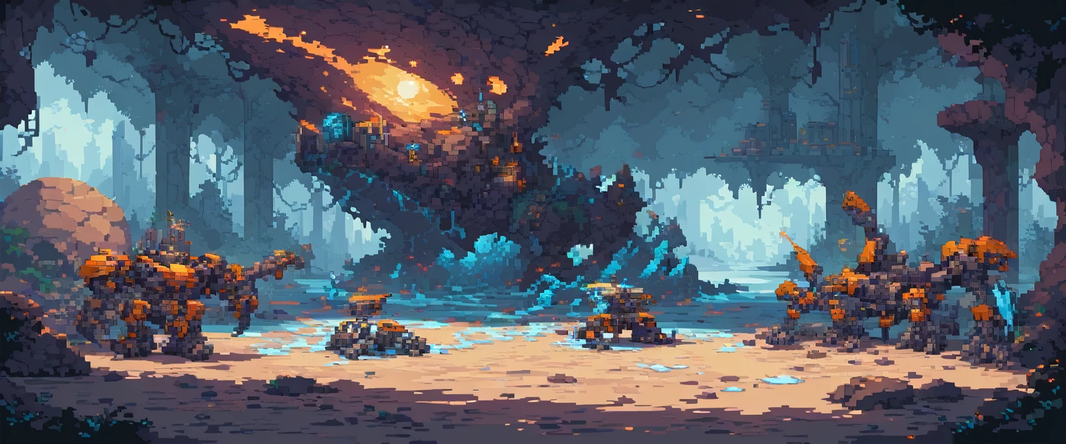 Hintergrund, Ultra-Qualität, Maschinen, Roboter und Stahl, arte de pixel, Seitenscroller, pixel art, futuristisch, cyberpunk frozen setting