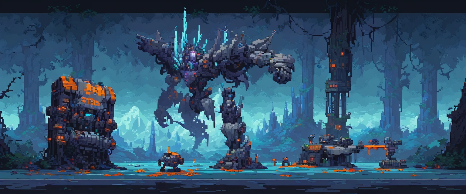 wallpaper, ultra quality, machines, robots and steel, arte de pixel, sidescroller, pixel art, futuristic, cyberpunk frozen setting