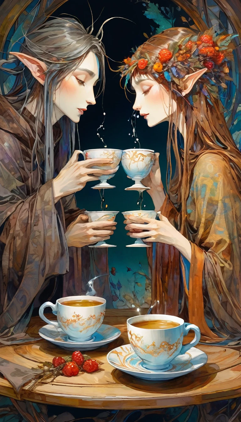 loving couple look at each other and toast with two luxurious cups, luxurious cups(art inspired by Brian Froud and Carne Griffiths and Wadim Kashin, intricate details, oil painting)
